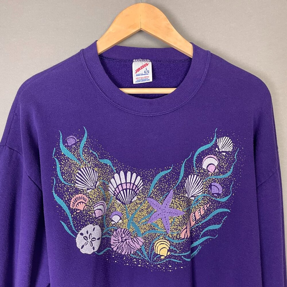 Vintage 90s Sweatshirt Seashells Glitter Gold Ocean Women‎ Size Large Purple Top